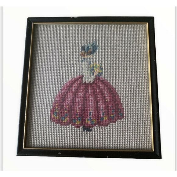 Vintage John Wanamaker Needlepoint Wood Frame Fine Art Women & Flowers Victorian